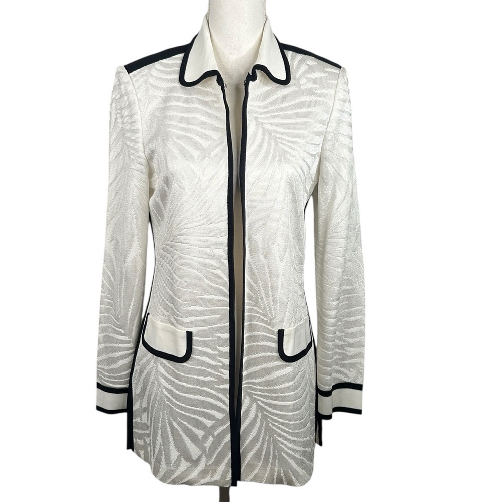 Misook White & Black Classic Minimalist Modern Knit Long Open Cardigan Size XS